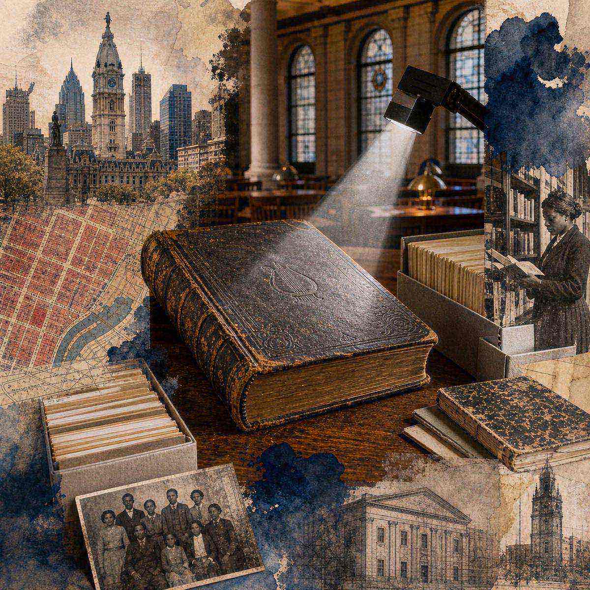 Editorial collage illustration of an archival hymnbook on a reading-room table, layered with Philadelphia campus architecture, catalog cards, and subtle scanning light—without any text.