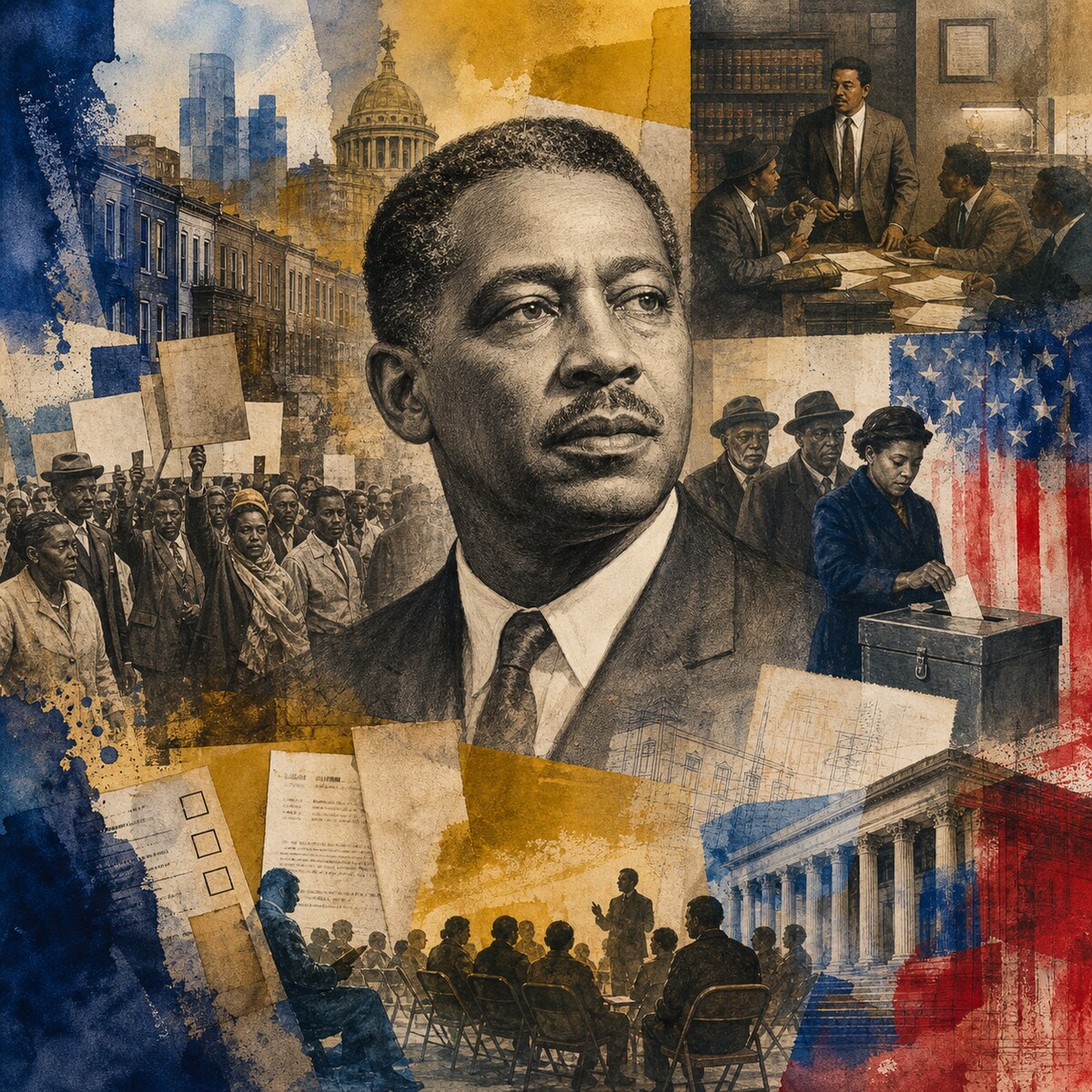 Mixed-media portrait collage of Cecil B. Moore with North Philadelphia civil-rights organizing and voting-rights imagery.