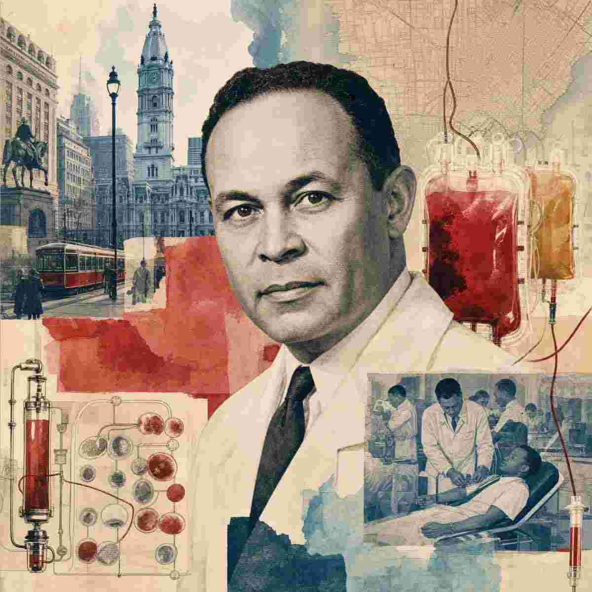 Editorial collage portrait of Dr. Charles Drew layered with blood bank imagery and a Philadelphia streetscape.