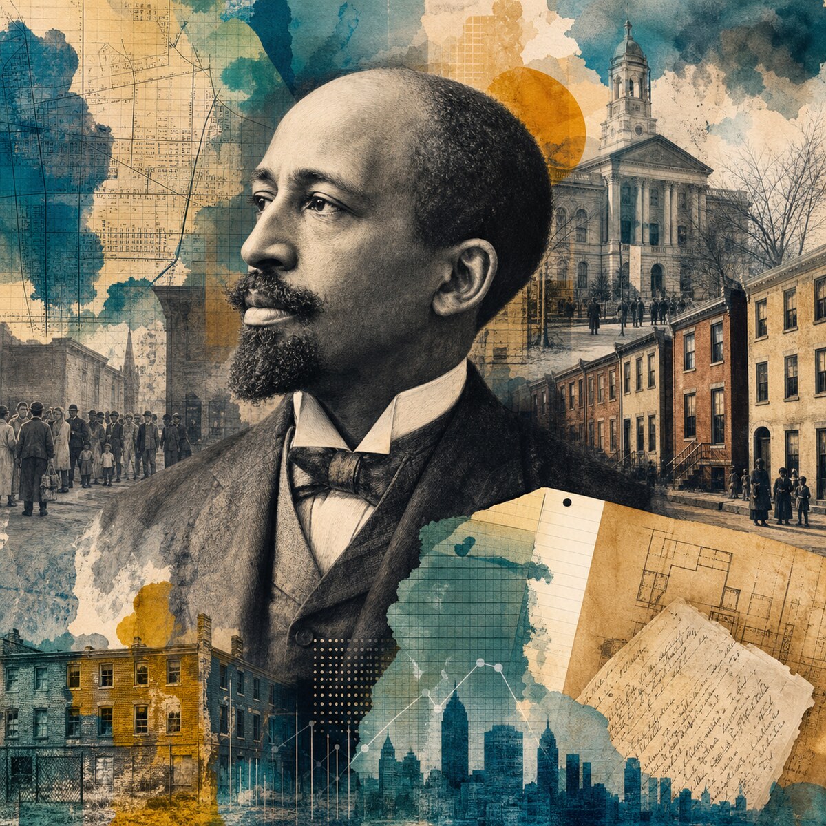 Mixed-media portrait collage of W.E.B. Du Bois layered with Philadelphia rowhouses, civic maps, and housing-policy documents.
