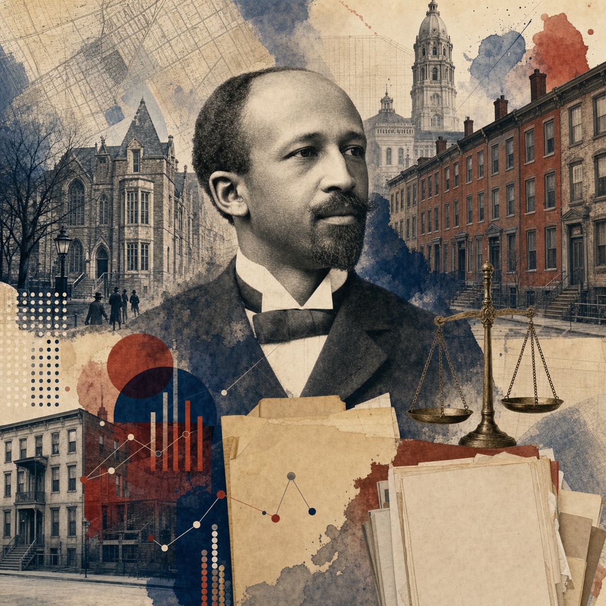 Editorial collage illustration of W.E.B. Du Bois with Philadelphia rowhomes, maps, and courthouse motifs layered over West Philadelphia street geography.