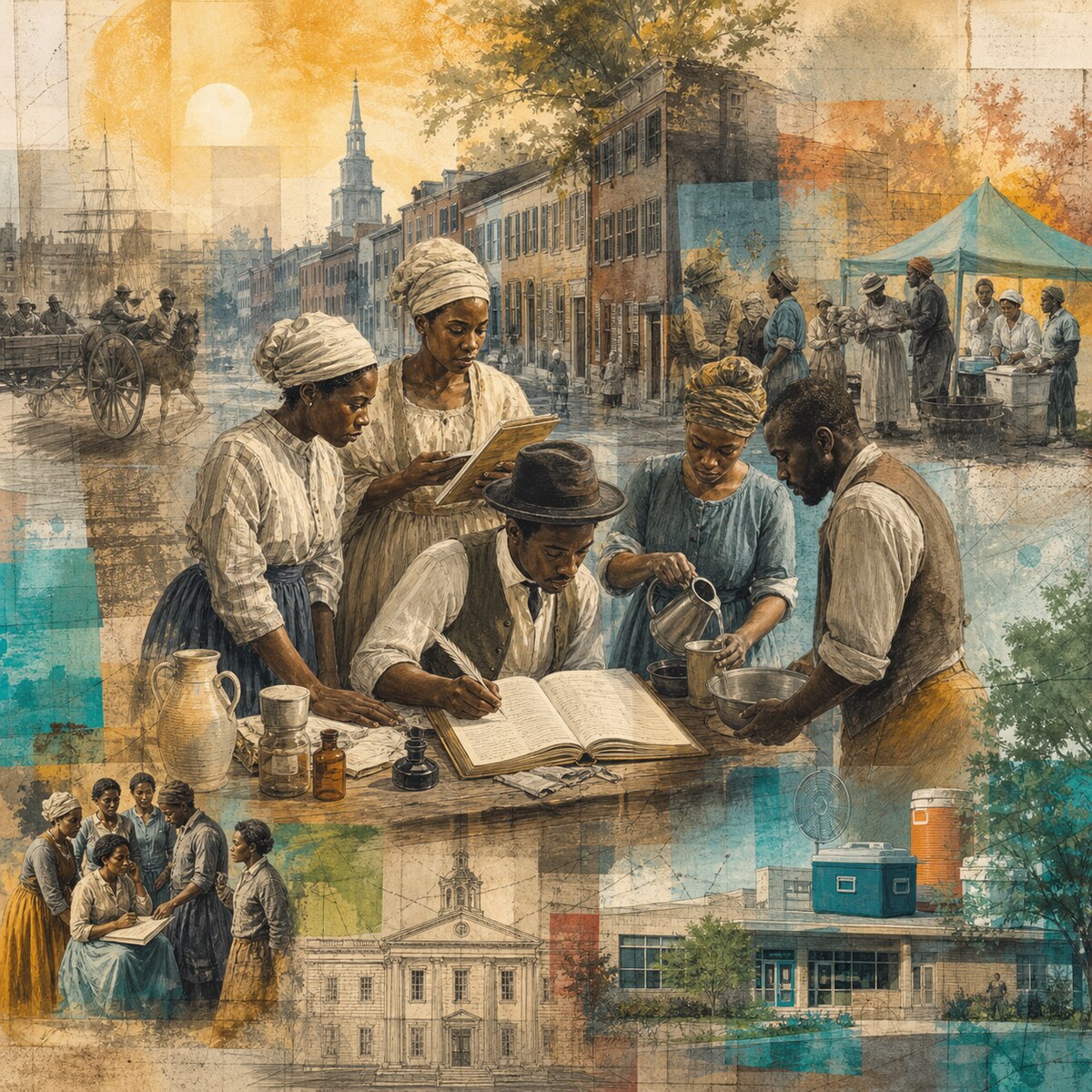 Mixed-media collage of Black Philadelphians organizing mutual aid and public-health care across historic and modern Philadelphia.