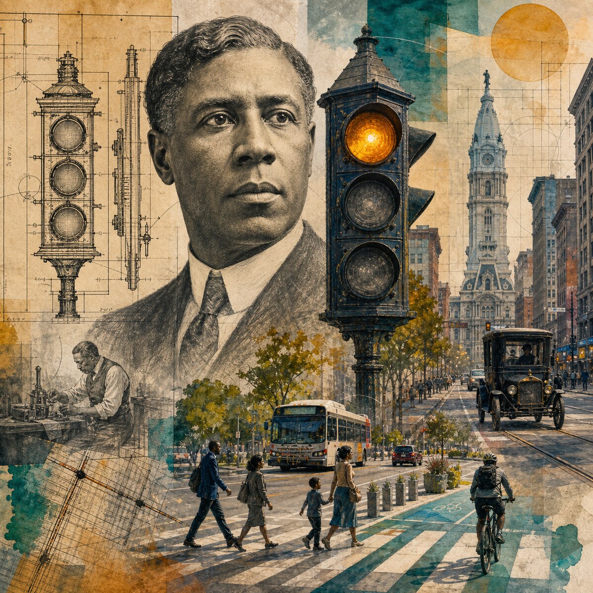 Mixed-media portrait collage of Garrett Morgan, an early traffic signal, and a safer Philadelphia street scene.