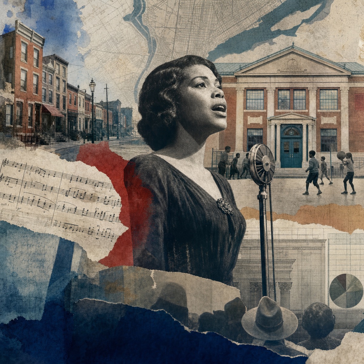 Mixed-media collage of Marian Anderson singing, layered with Philadelphia rowhouses, a neighborhood recreation center facade, and map textures.