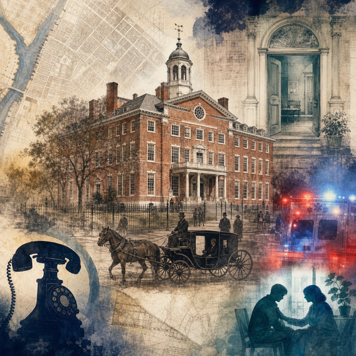 Mixed-media collage of Pennsylvania Hospital’s historic facade layered with a Philadelphia street map, a ringing phone, and a calm clinical doorway suggesting crisis care.