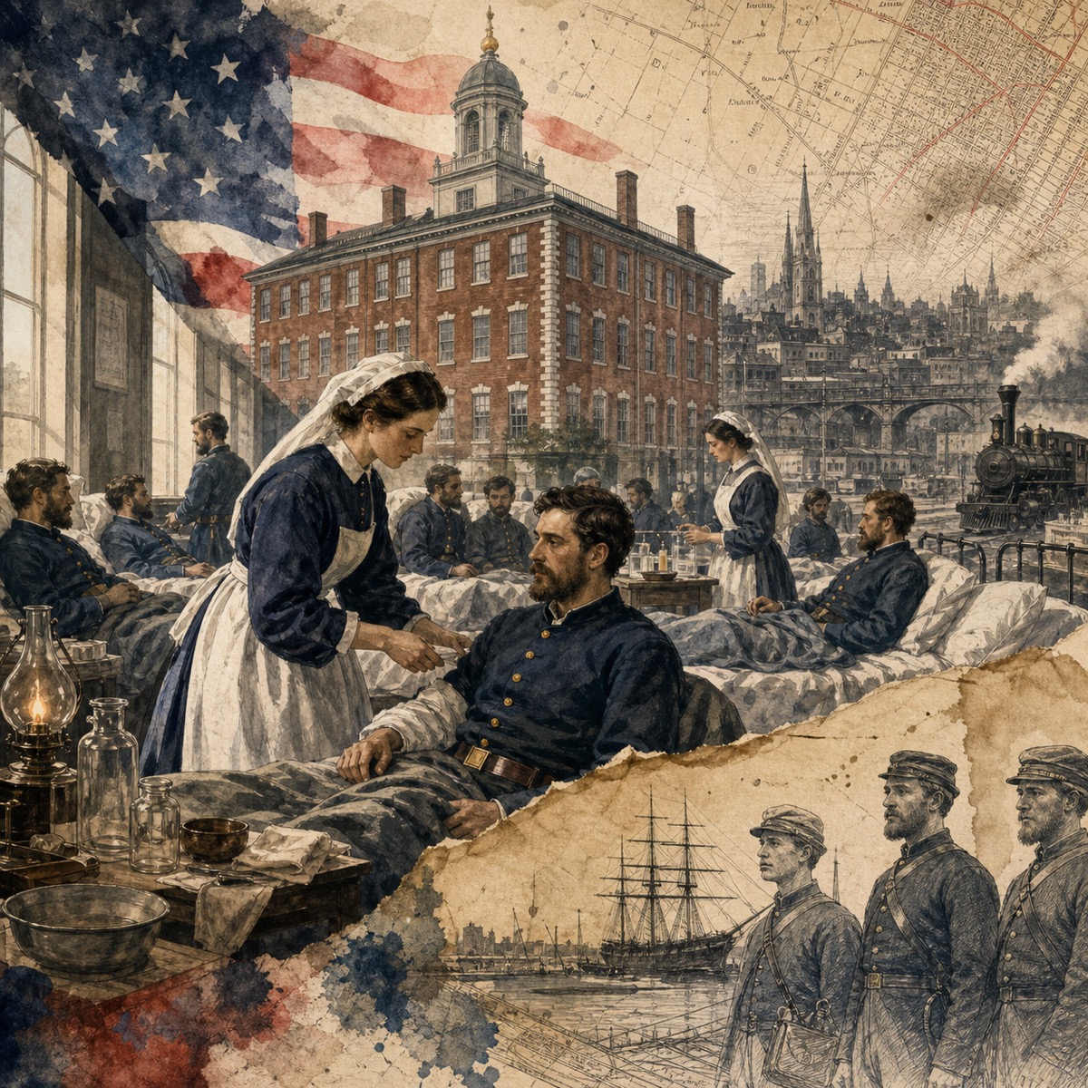 Editorial collage illustration of Civil War-era Philadelphia hospitals, Union soldiers, nurses, rail lines, and civic map textures.
