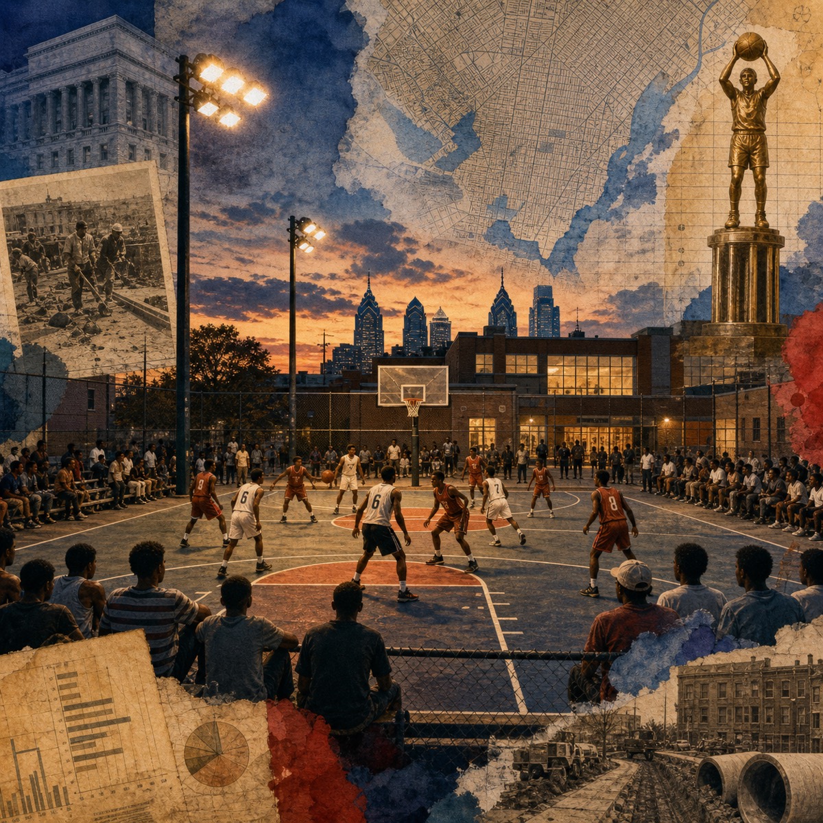 A mixed-media collage of a Philadelphia playground basketball court with archival-style textures, a summer league trophy silhouette, and neighborhood maps layered in the background—no text.