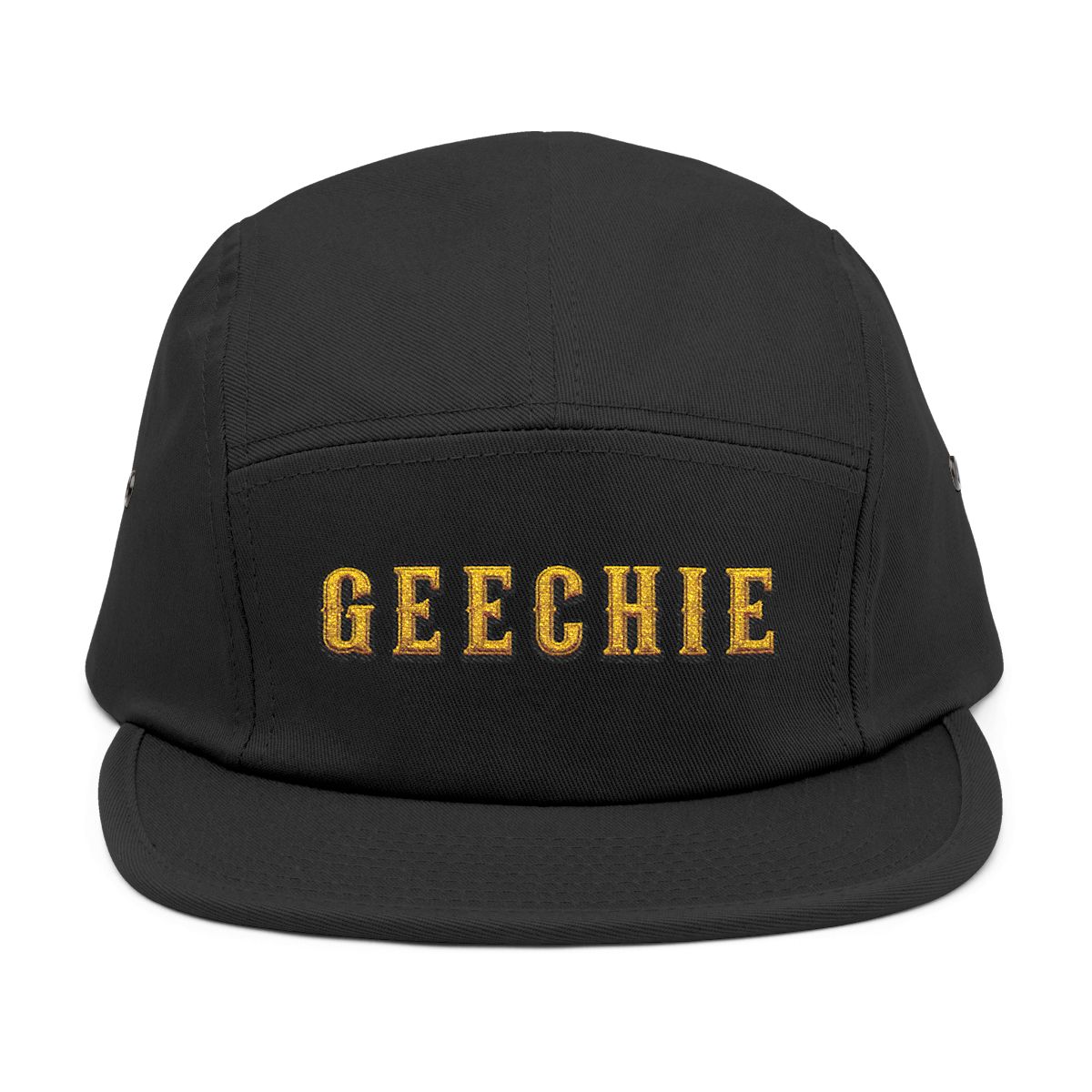 GEECHIE Black Embroidered 5-Panel Cap | Gullah Geechee Heritage Streetwear Hat mockup 1