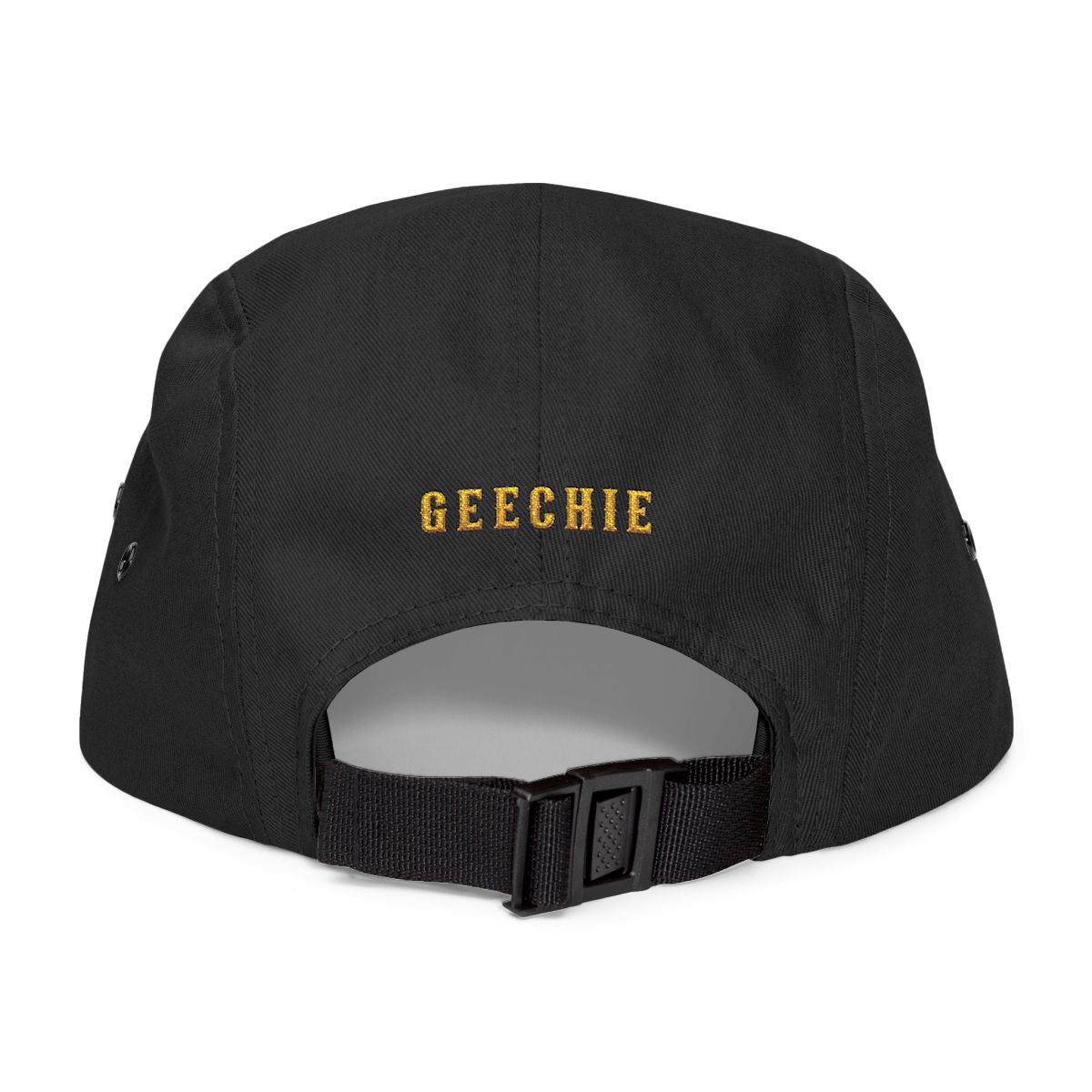 GEECHIE Black Embroidered 5-Panel Cap | Gullah Geechee Heritage Streetwear Hat mockup 2