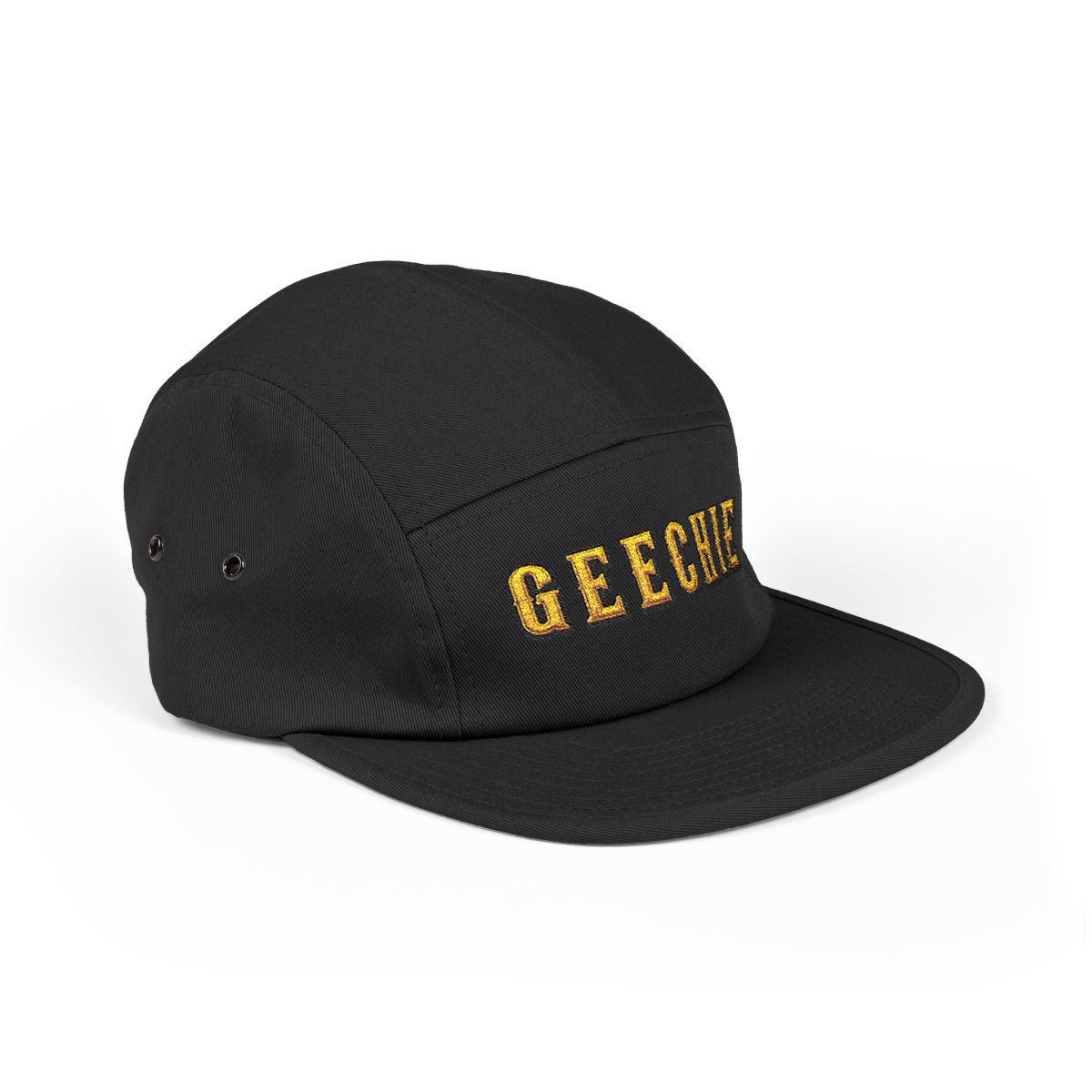 GEECHIE Black Embroidered 5-Panel Cap | Gullah Geechee Heritage Streetwear Hat mockup 3