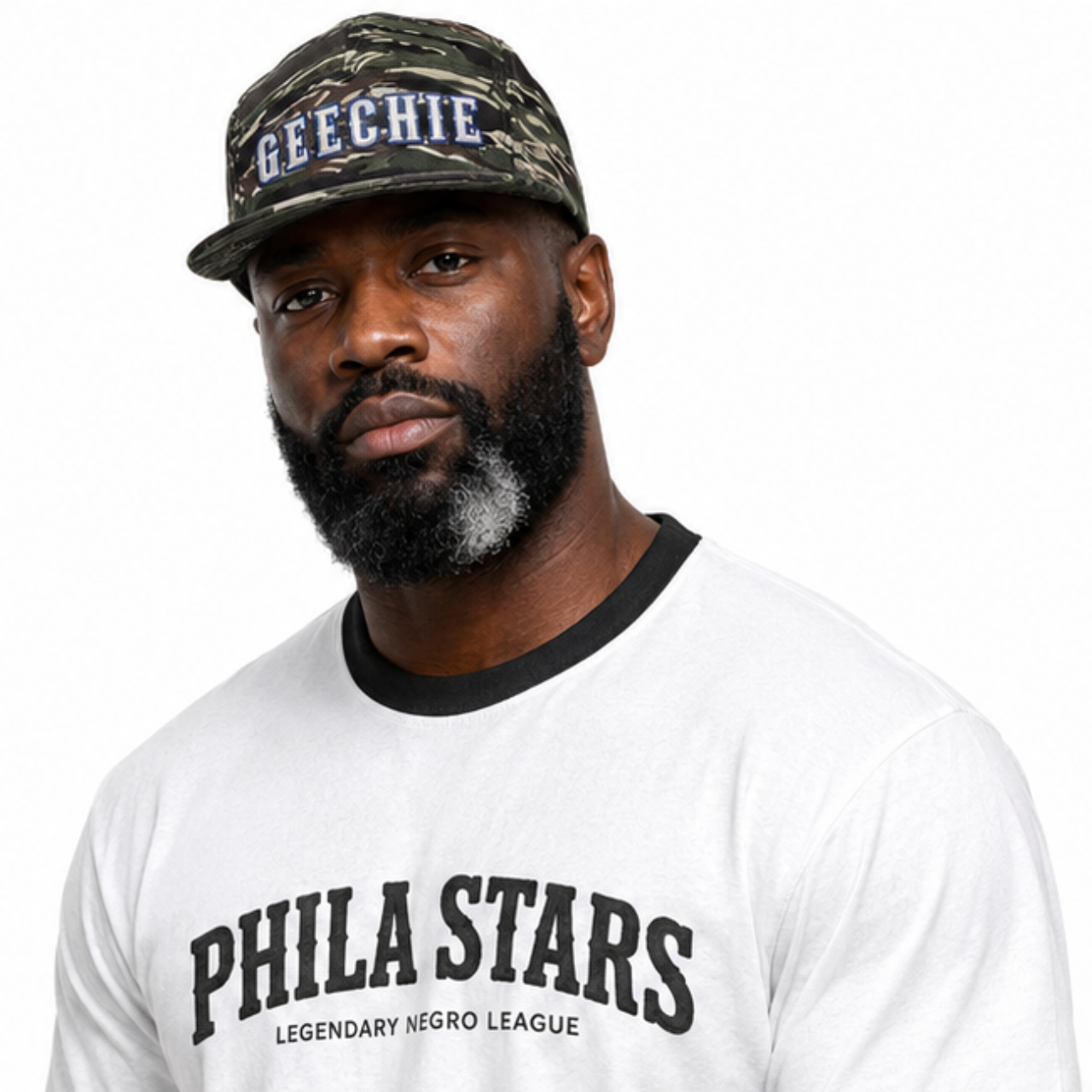 GEECHIE Camo Embroidered 5-Panel Cap | Gullah Geechee Heritage Camouflage Hat mockup 1