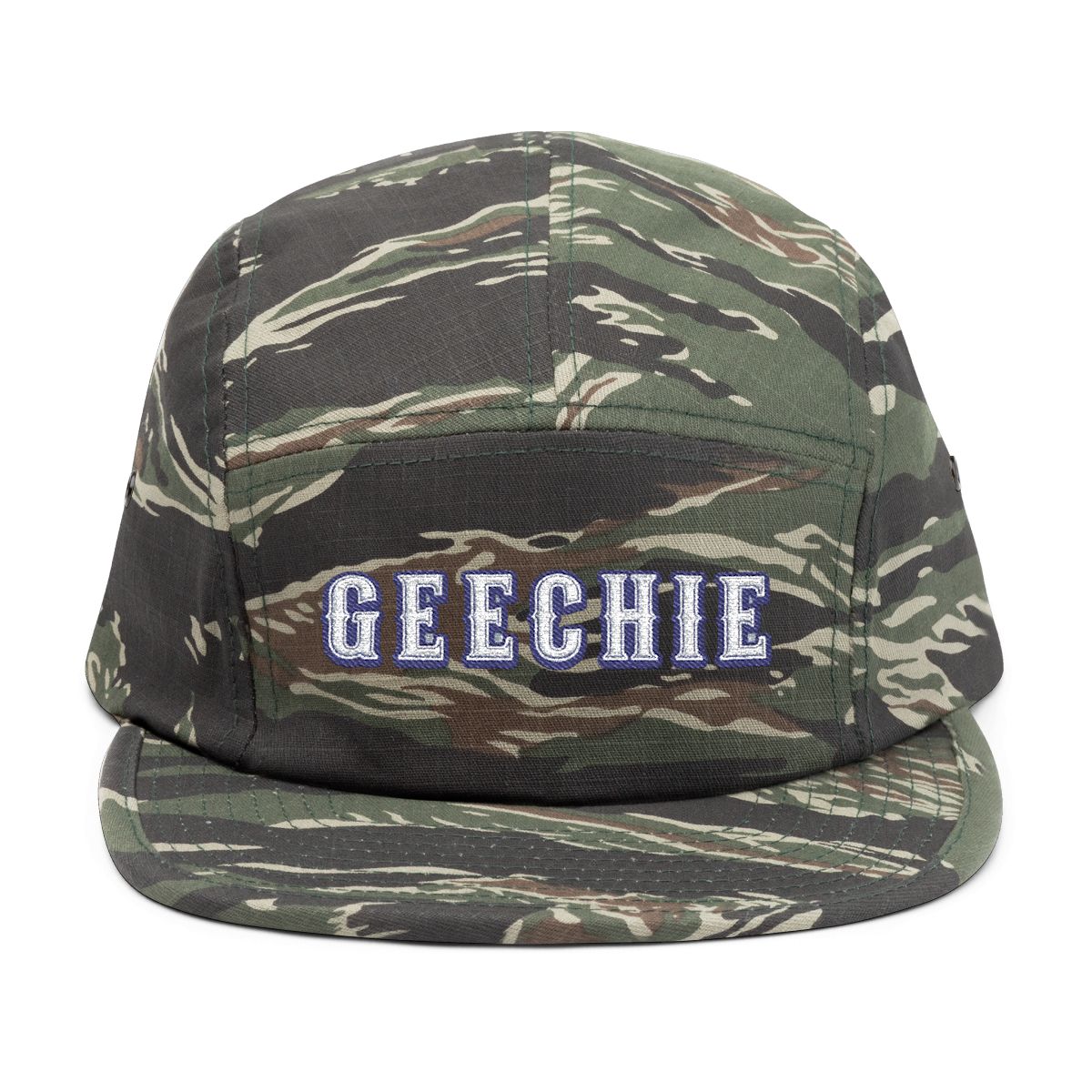 GEECHIE Camo Embroidered 5-Panel Cap | Gullah Geechee Heritage Camouflage Hat mockup 2