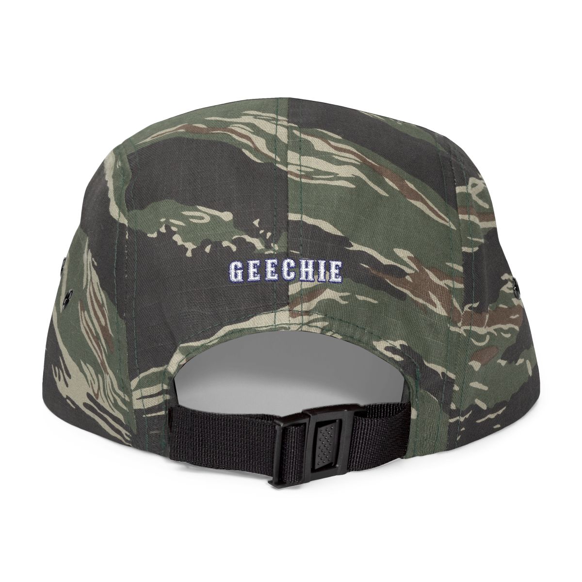GEECHIE Camo Embroidered 5-Panel Cap | Gullah Geechee Heritage Camouflage Hat mockup 3