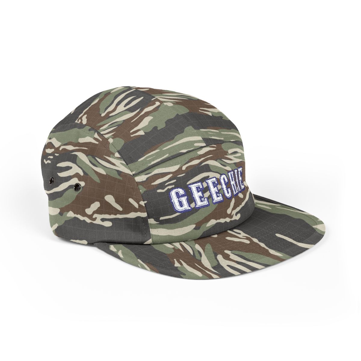 GEECHIE Camo Embroidered 5-Panel Cap | Gullah Geechee Heritage Camouflage Hat mockup 4