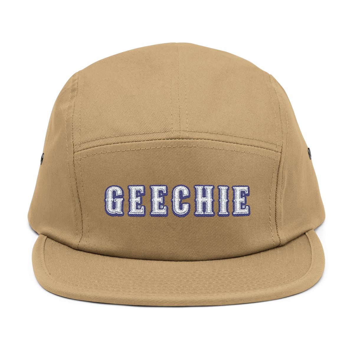 GEECHIE Camo Embroidered 5-Panel Cap | Gullah Geechee Heritage Camouflage Hat mockup 5