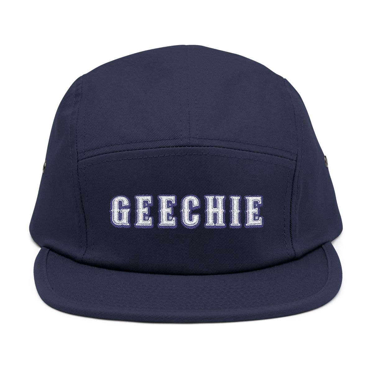 GEECHIE Camo Embroidered 5-Panel Cap | Gullah Geechee Heritage Camouflage Hat mockup 11