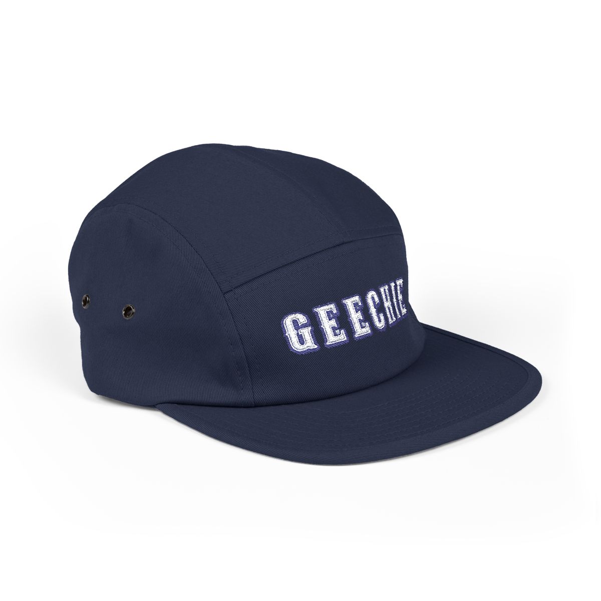 GEECHIE Camo Embroidered 5-Panel Cap | Gullah Geechee Heritage Camouflage Hat mockup 13