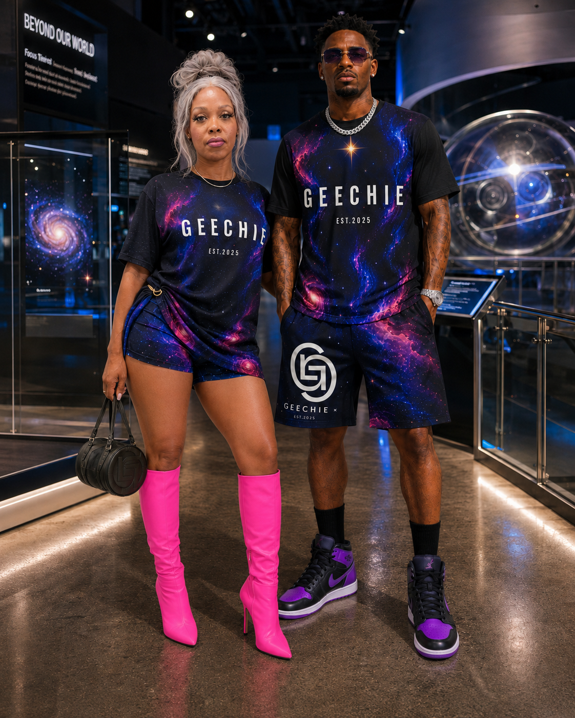 GEECHIE Galaxy Shorts cosmic matching streetwear set worn by two models.
