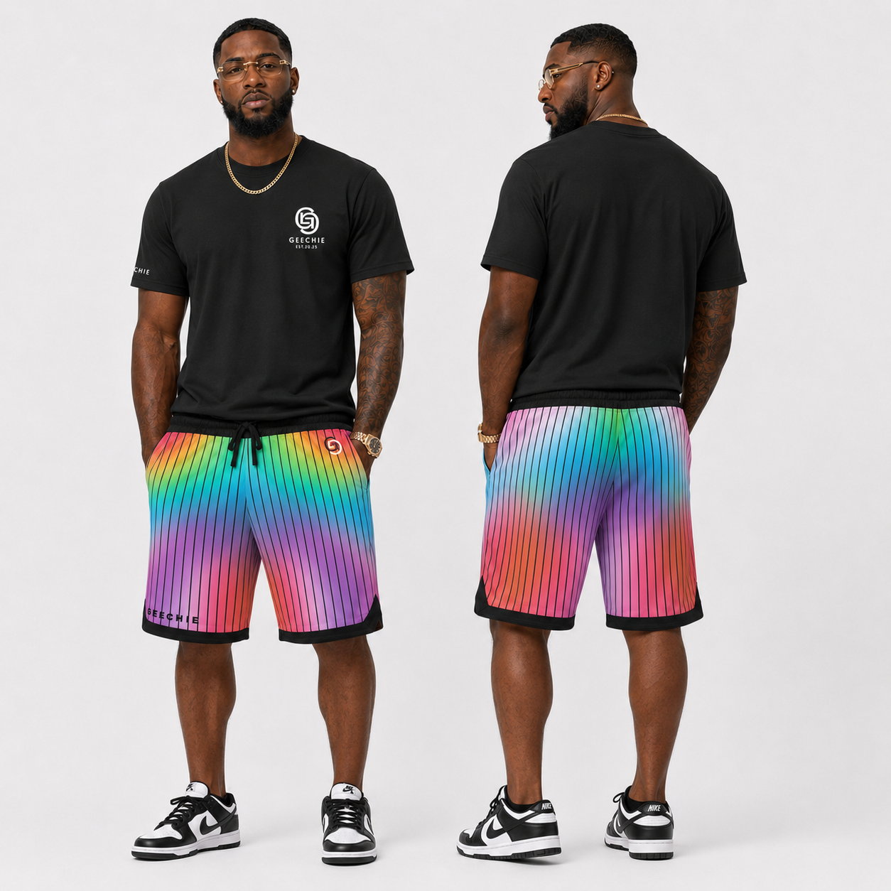 GEECHIE Rainbow Pinstripe Basketball Shorts | Unisex Streetwear mockup 1