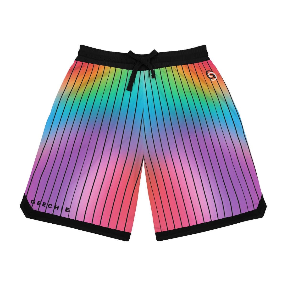 GEECHIE Rainbow Pinstripe Basketball Shorts | Unisex Streetwear mockup 2