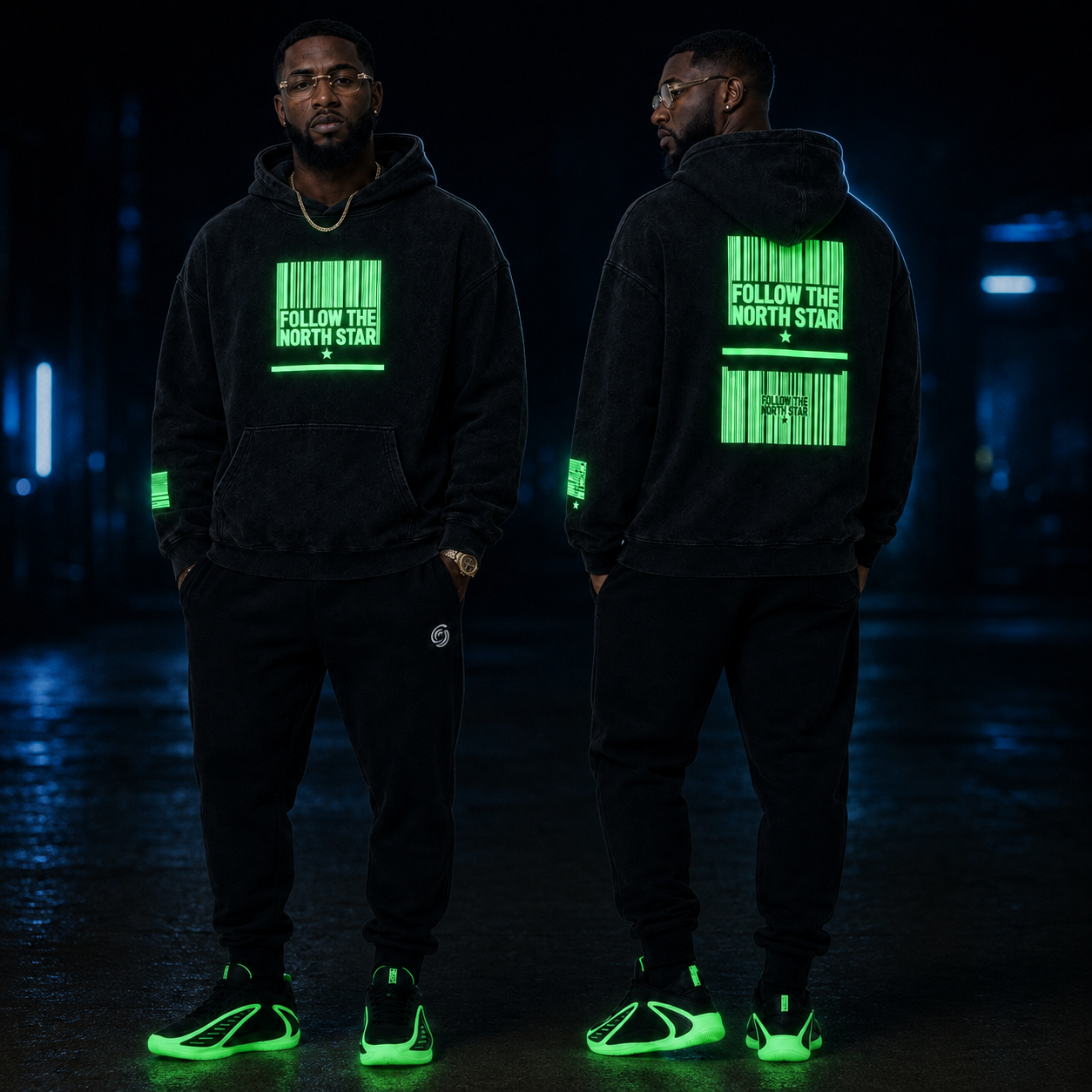 Follow the North Star Glow-in-the-Dark Heavyweight Hoodie worn by a model