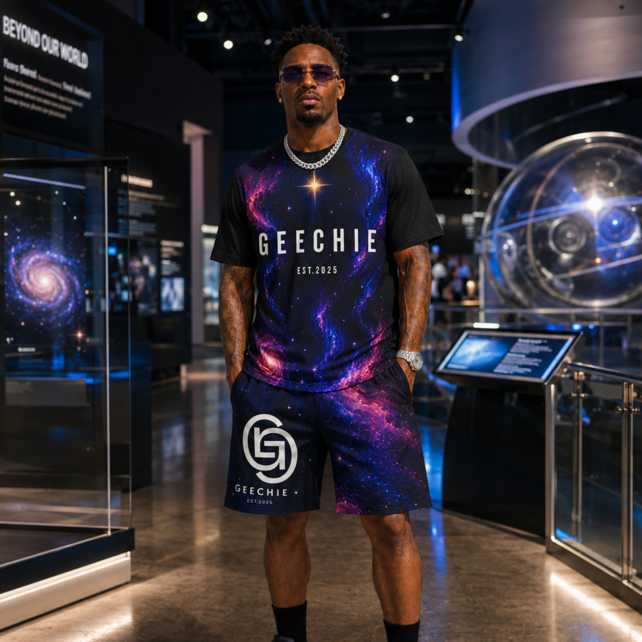 Model-styled GEECHIE Galaxy Shorts – Cosmic Streetwear Shorts product image 1