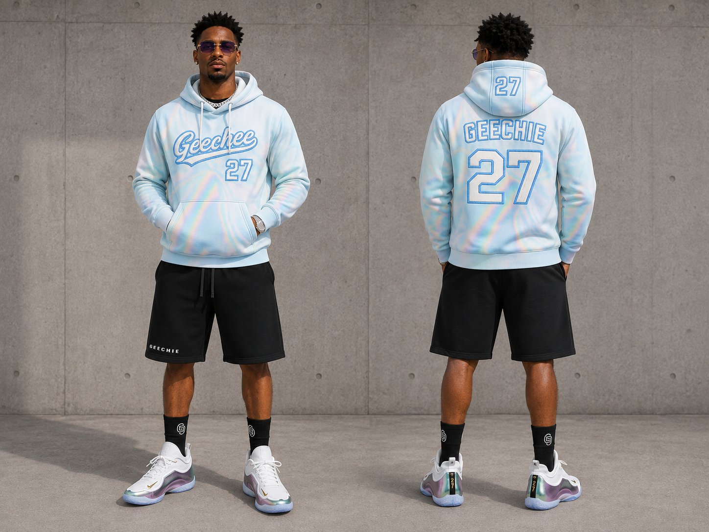 GEECHIE 27 Iridescent Embroidered Hoodie – Custom Holographic Streetwear Pullover