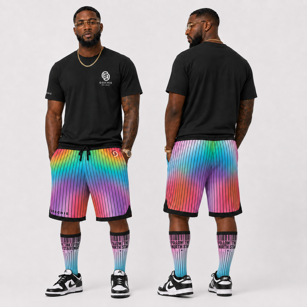 Model-styled GEECHIE Rainbow Pinstripe Basketball Shorts | Unisex Streetwear product image 1
