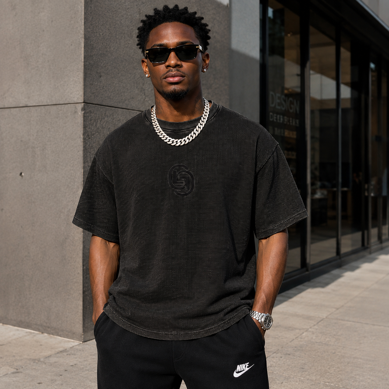 GEECHIE Premium Waffle Knit Oversized T-Shirt | Vintage Textured Heavyweight Streetwear Tee | Unisex Acid Wash Fashion Shirt