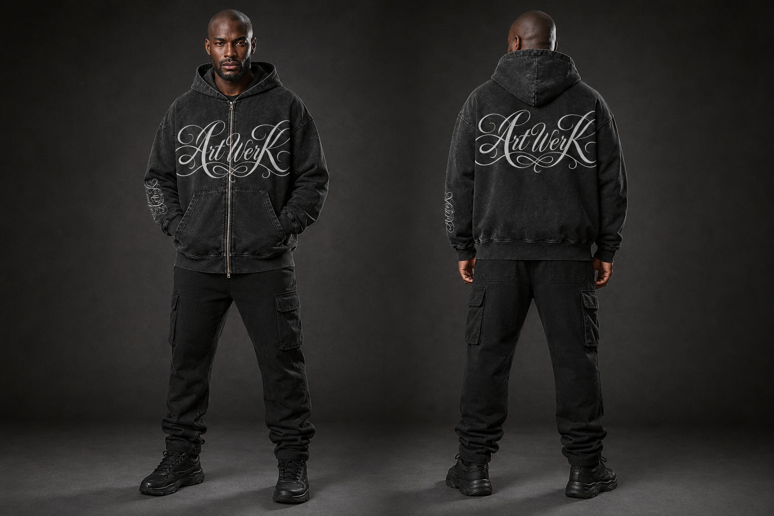 ArtWerk Embroidered Washed Black Zip-Up Hoodie