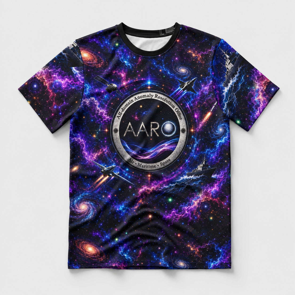 Front view of an AARO-inspired all-over print galaxy T-shirt with blue and purple nebulae and space imagery.
