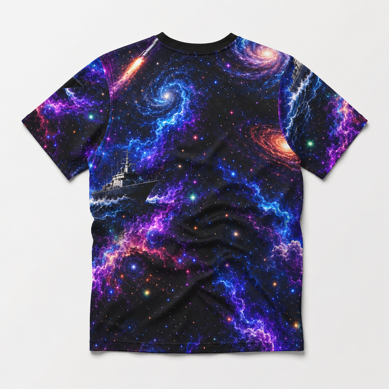 Back view of an AARO-inspired all-over print galaxy T-shirt with colorful stars and nebula artwork.