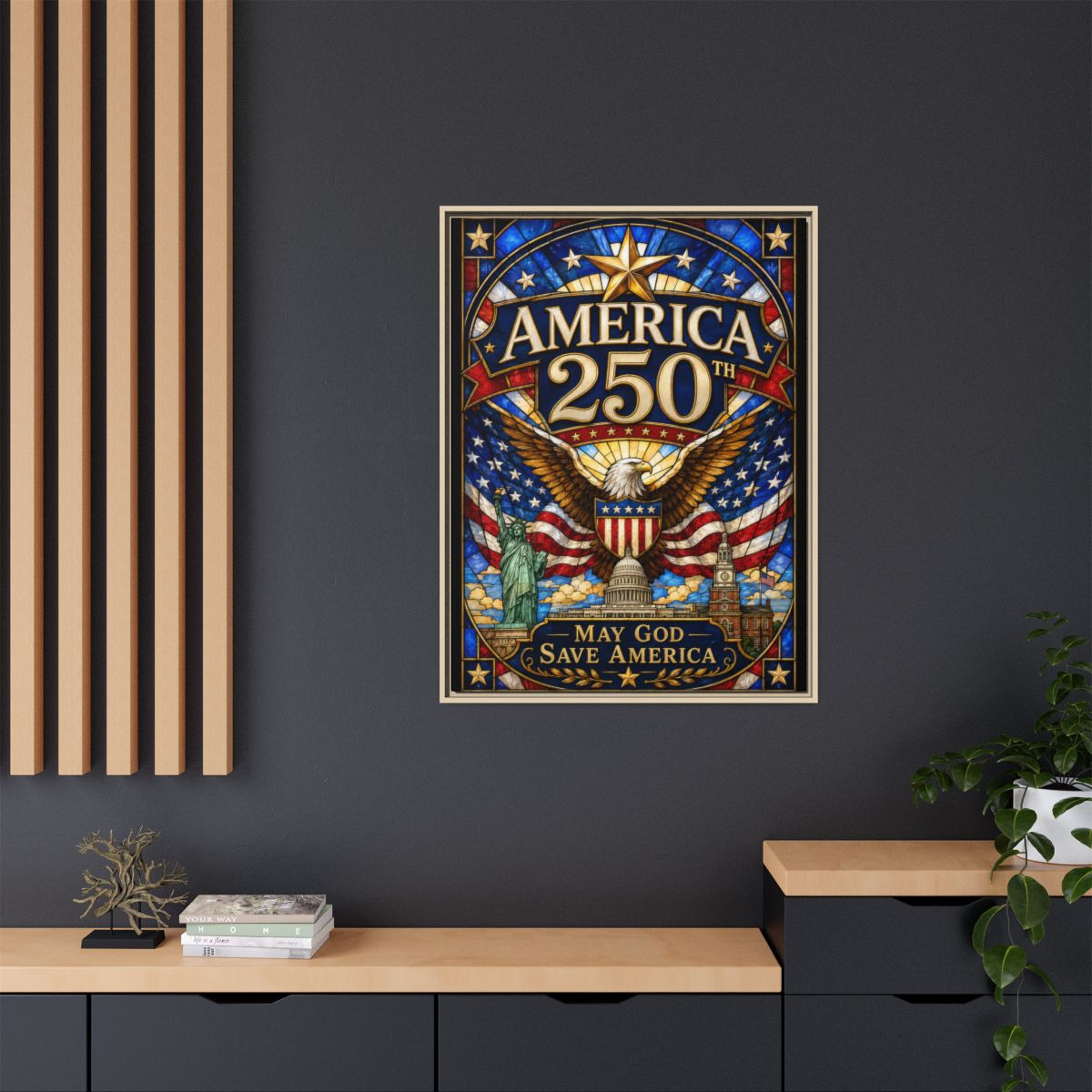 America 250 Matte Framed Canvas Print — "May God Save America" Patriotic Wall Art mockup 3