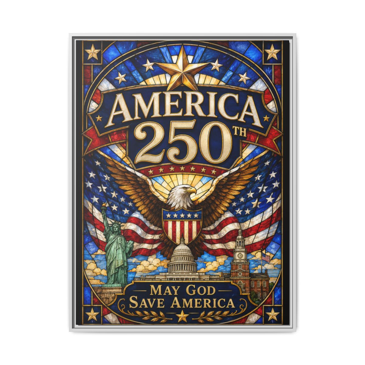 America 250 Matte Framed Canvas Print — "May God Save America" Patriotic Wall Art mockup 4