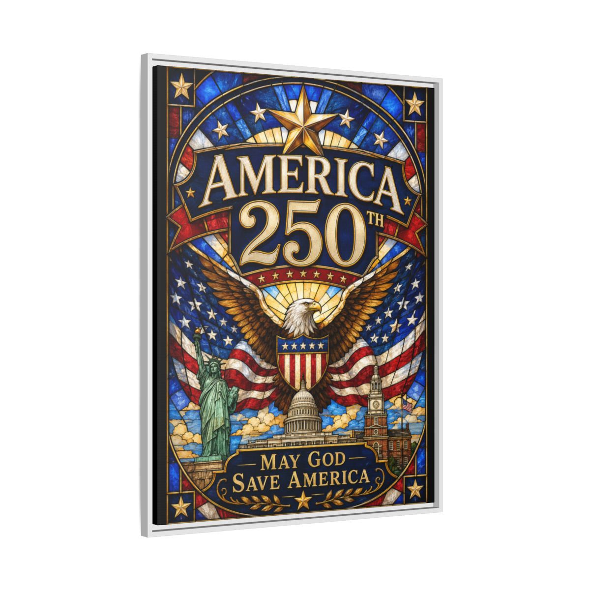 America 250 Matte Framed Canvas Print — "May God Save America" Patriotic Wall Art mockup 5