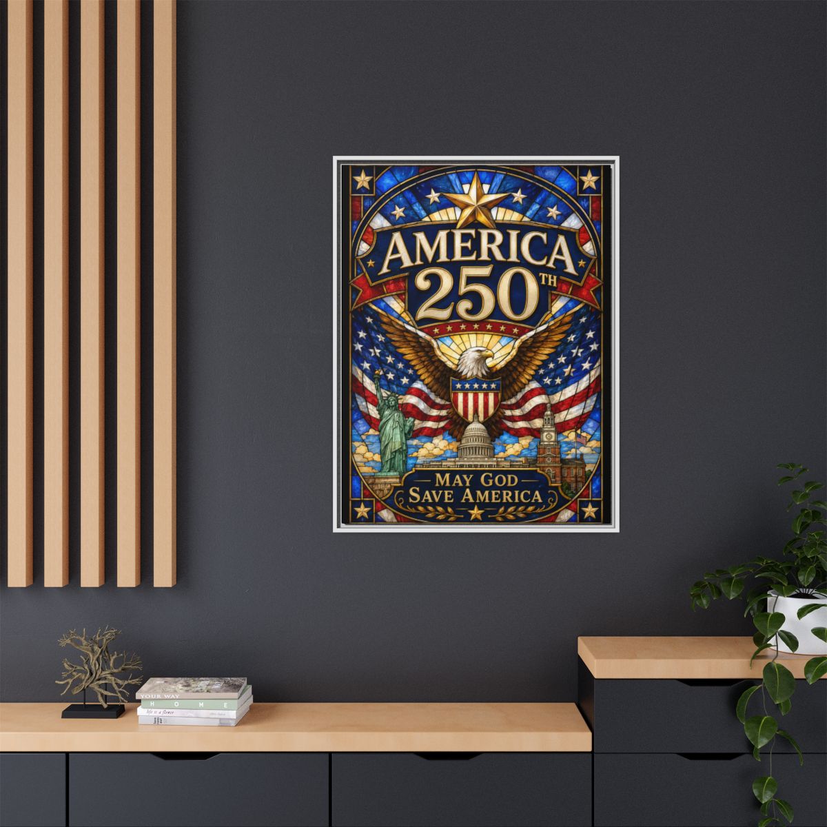 America 250 Matte Framed Canvas Print — "May God Save America" Patriotic Wall Art mockup 6