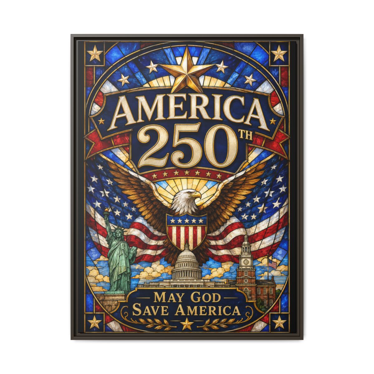 America 250 Matte Framed Canvas Print — "May God Save America" Patriotic Wall Art mockup 7