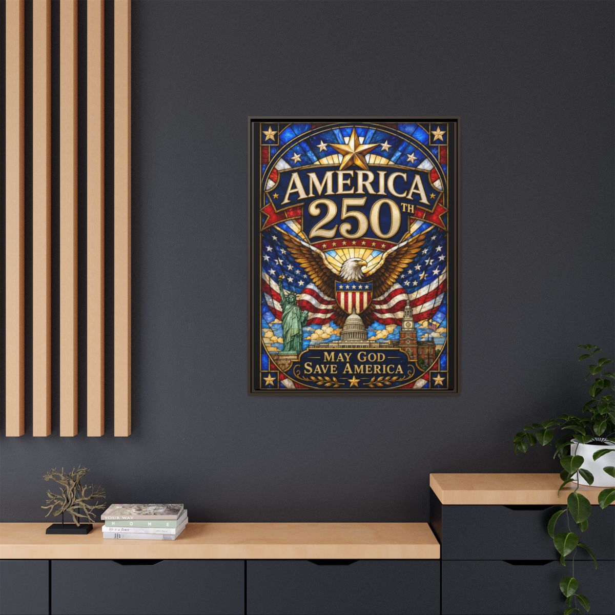America 250 Matte Framed Canvas Print — "May God Save America" Patriotic Wall Art mockup 9