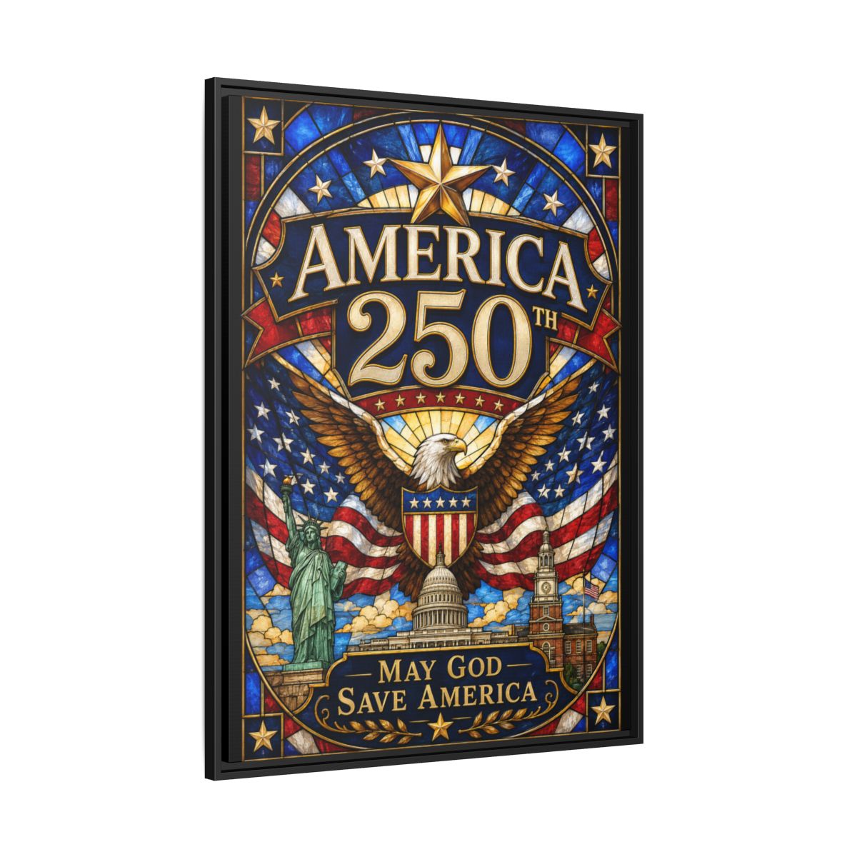 America 250 Matte Framed Canvas Print — "May God Save America" Patriotic Wall Art mockup 11