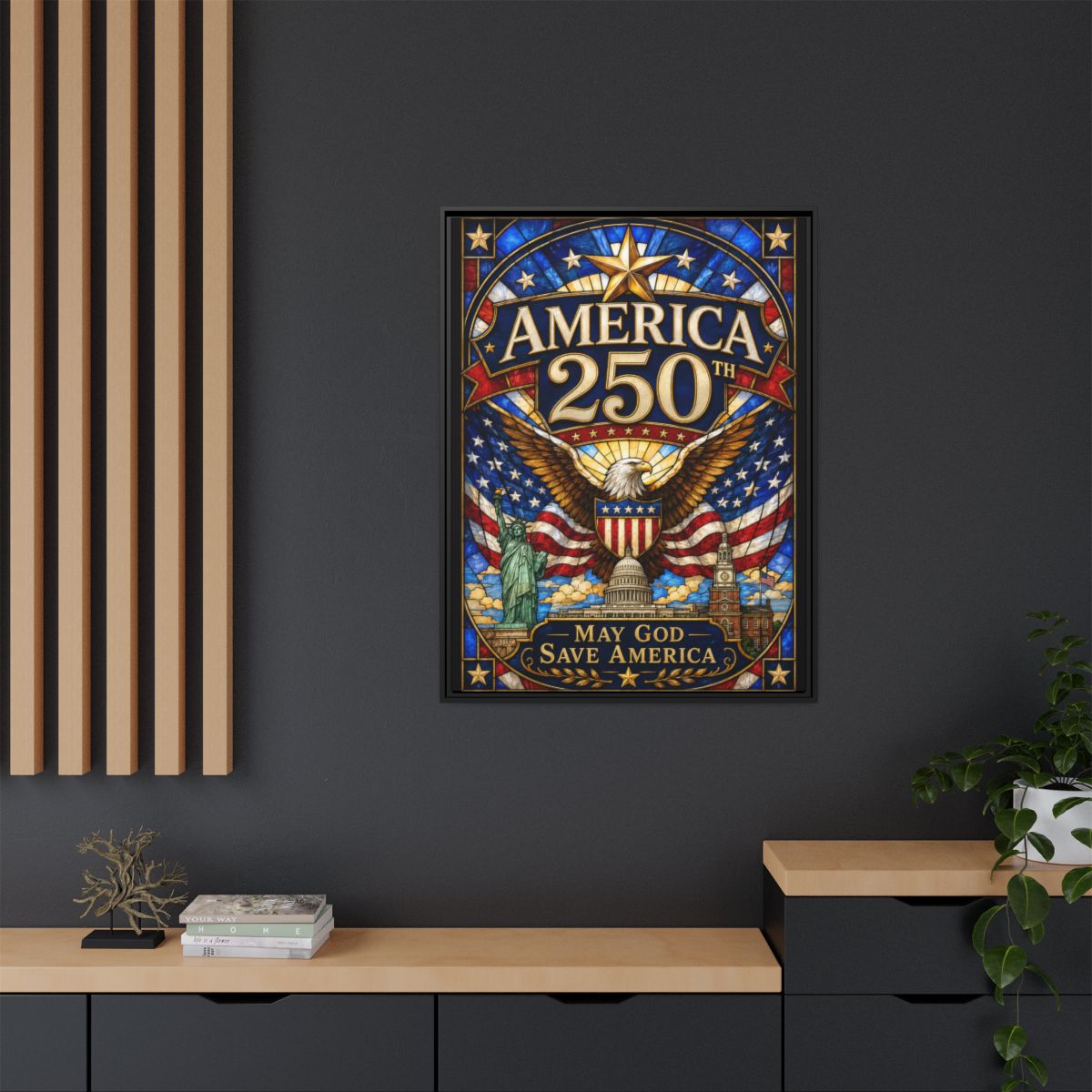 America 250 Matte Framed Canvas Print — "May God Save America" Patriotic Wall Art mockup 12