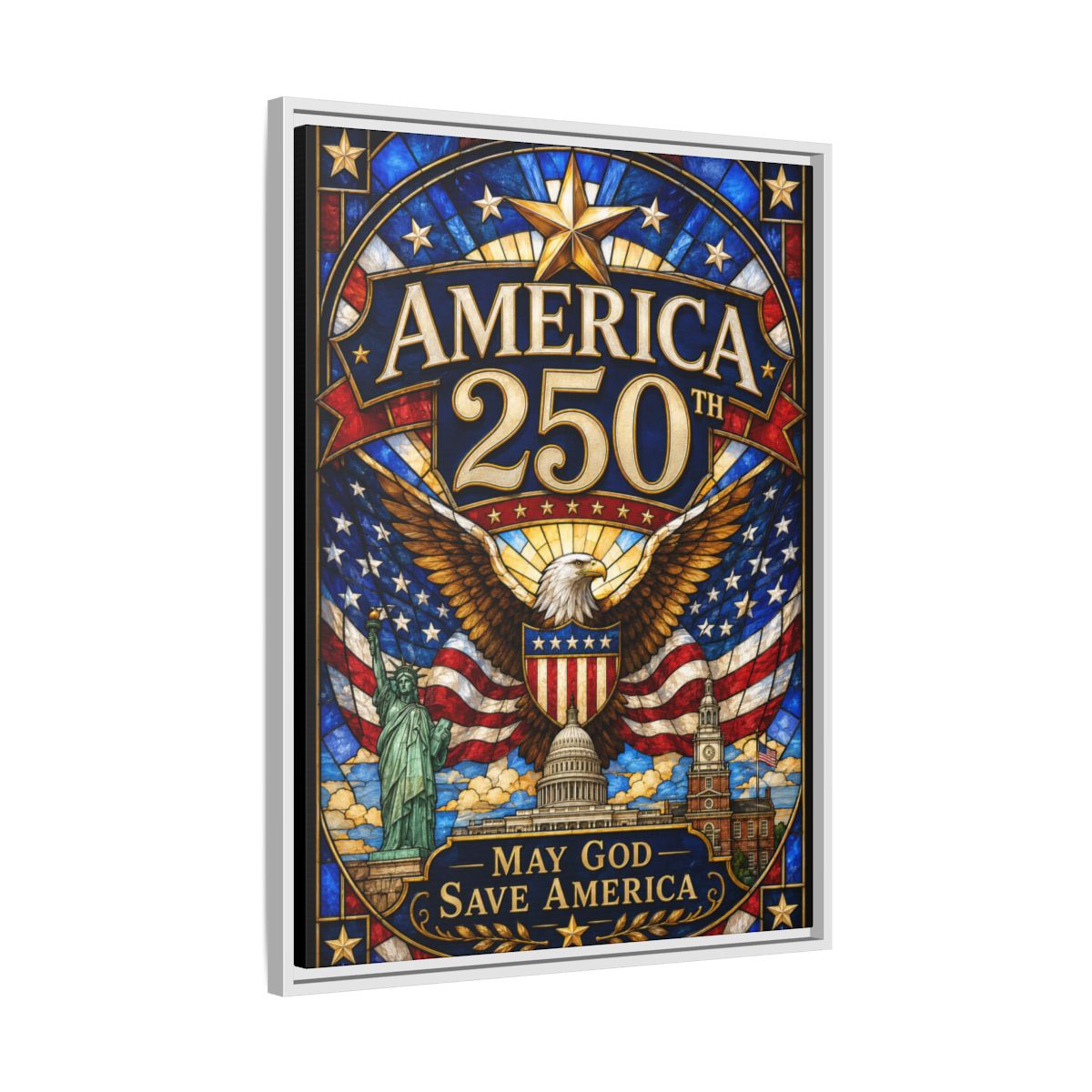 America 250 Matte Framed Canvas Print — "May God Save America" Patriotic Wall Art mockup 14