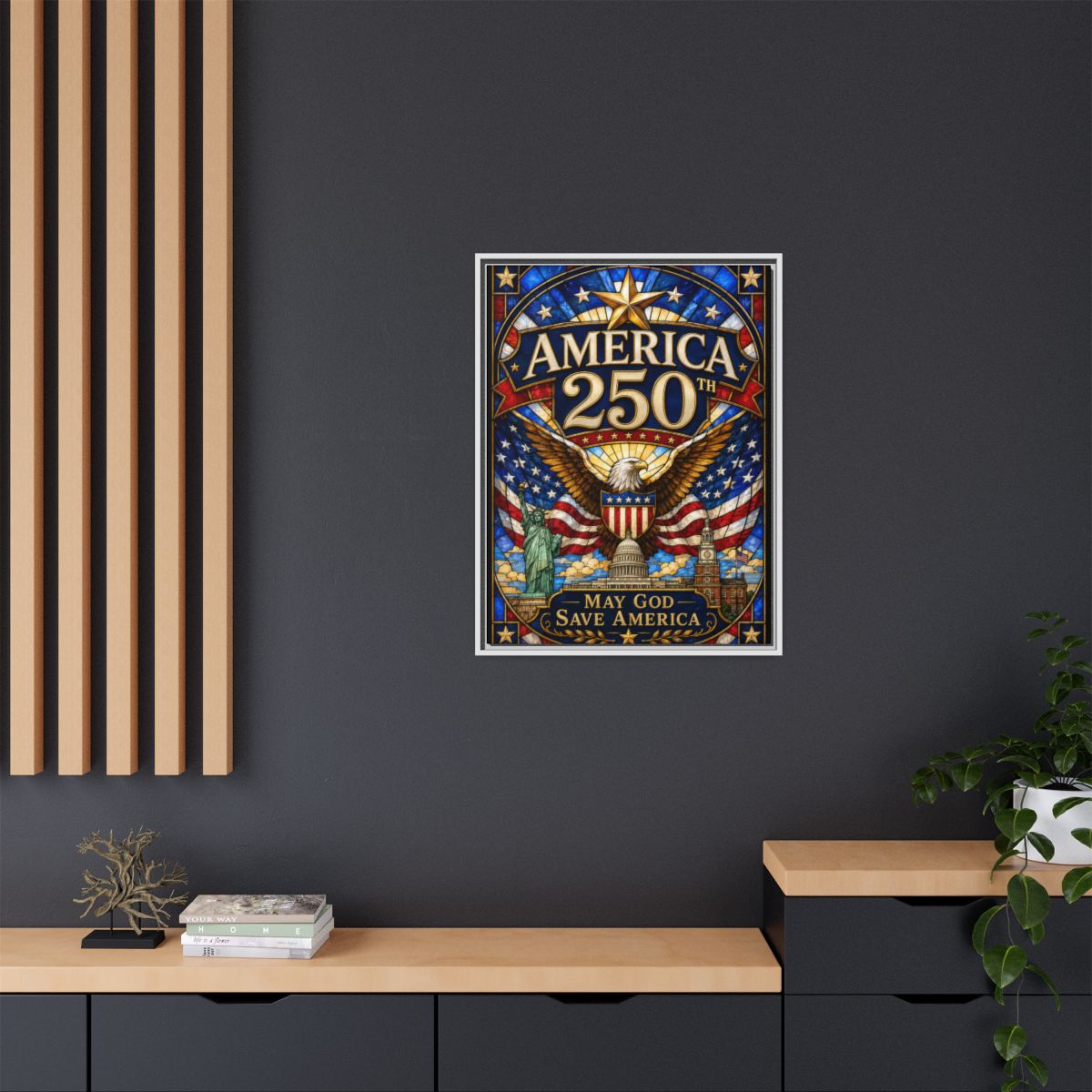 America 250 Matte Framed Canvas Print — "May God Save America" Patriotic Wall Art mockup 15