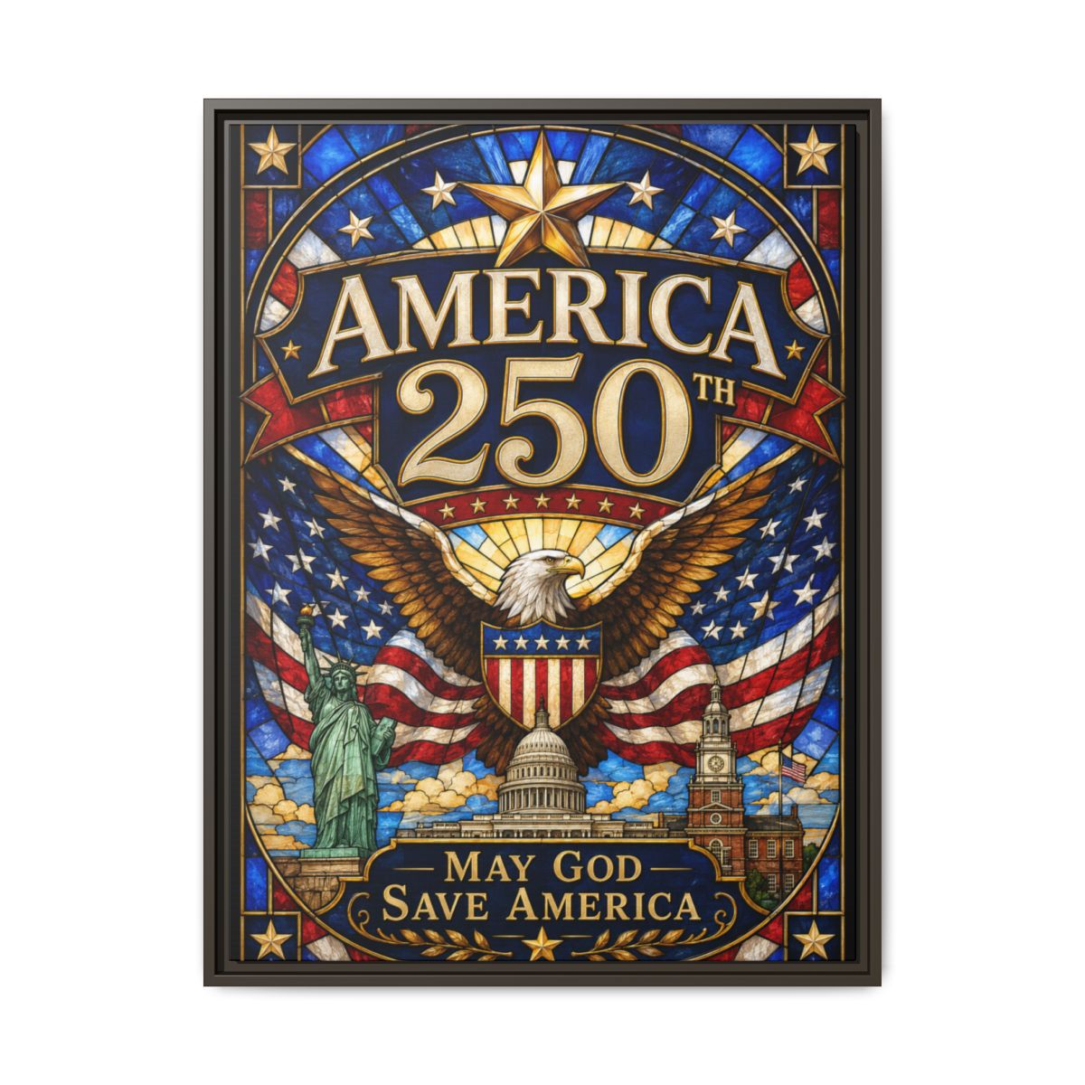 America 250 Matte Framed Canvas Print — "May God Save America" Patriotic Wall Art mockup 16