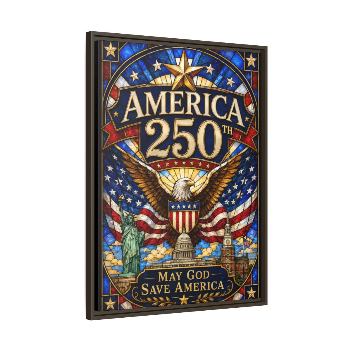 America 250 Matte Framed Canvas Print — "May God Save America" Patriotic Wall Art mockup 17