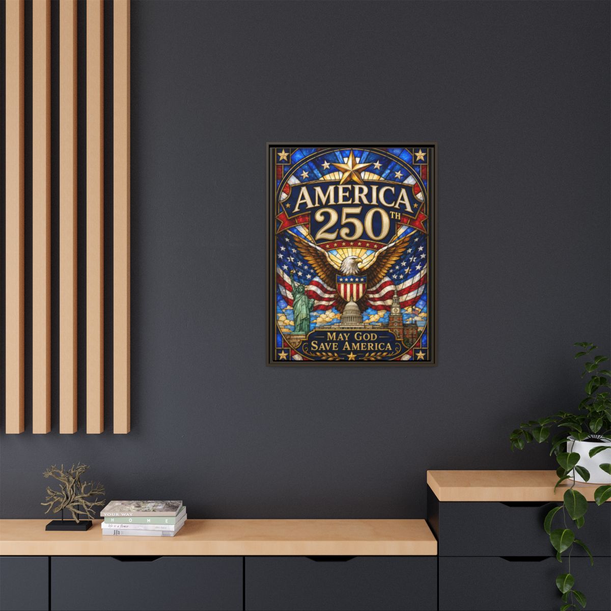 America 250 Matte Framed Canvas Print — "May God Save America" Patriotic Wall Art mockup 18