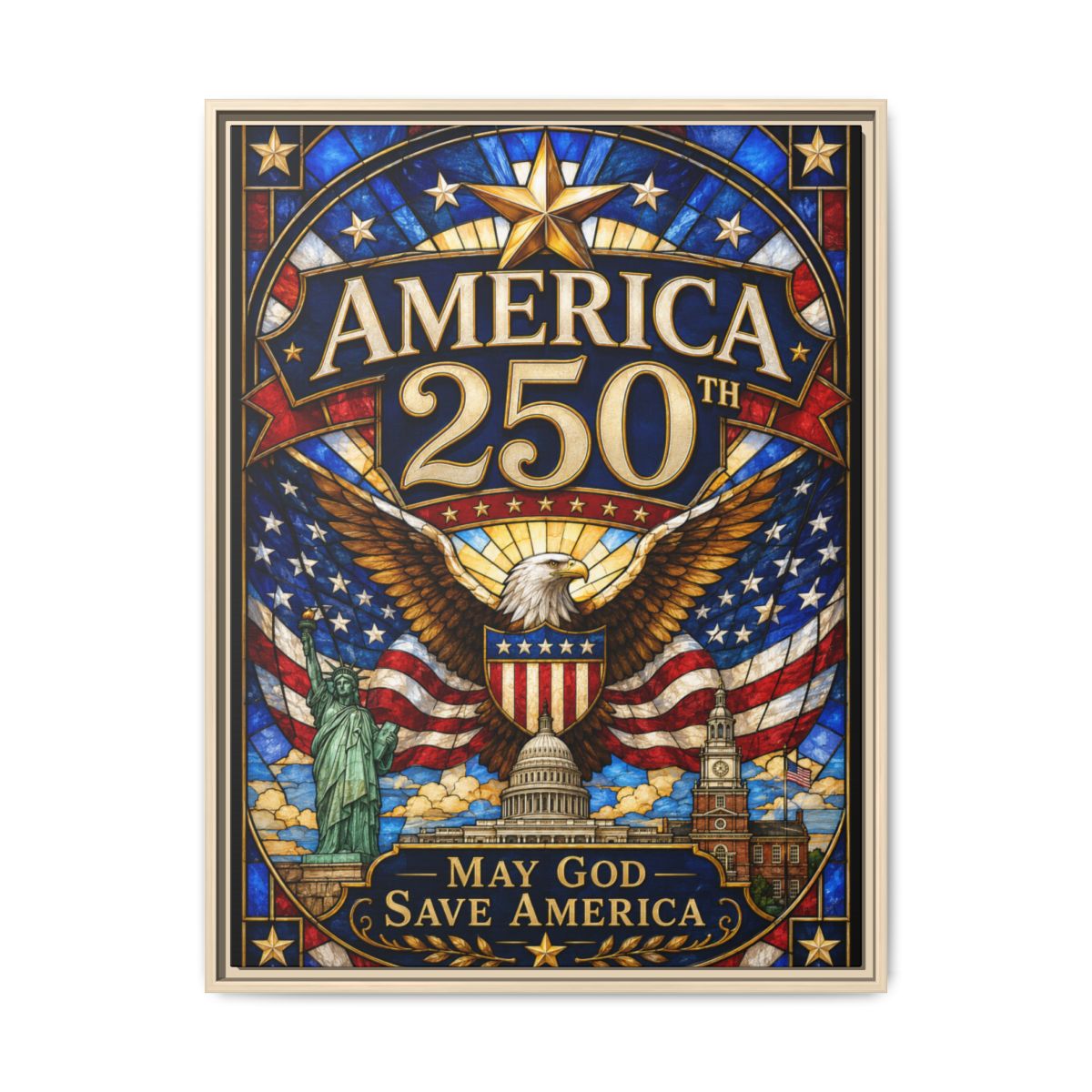 America 250 Matte Framed Canvas Print — "May God Save America" Patriotic Wall Art mockup 19