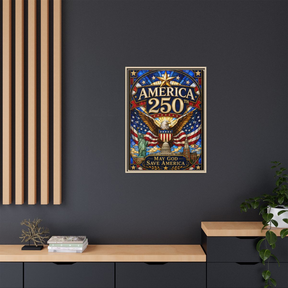 America 250 Matte Framed Canvas Print — "May God Save America" Patriotic Wall Art mockup 21