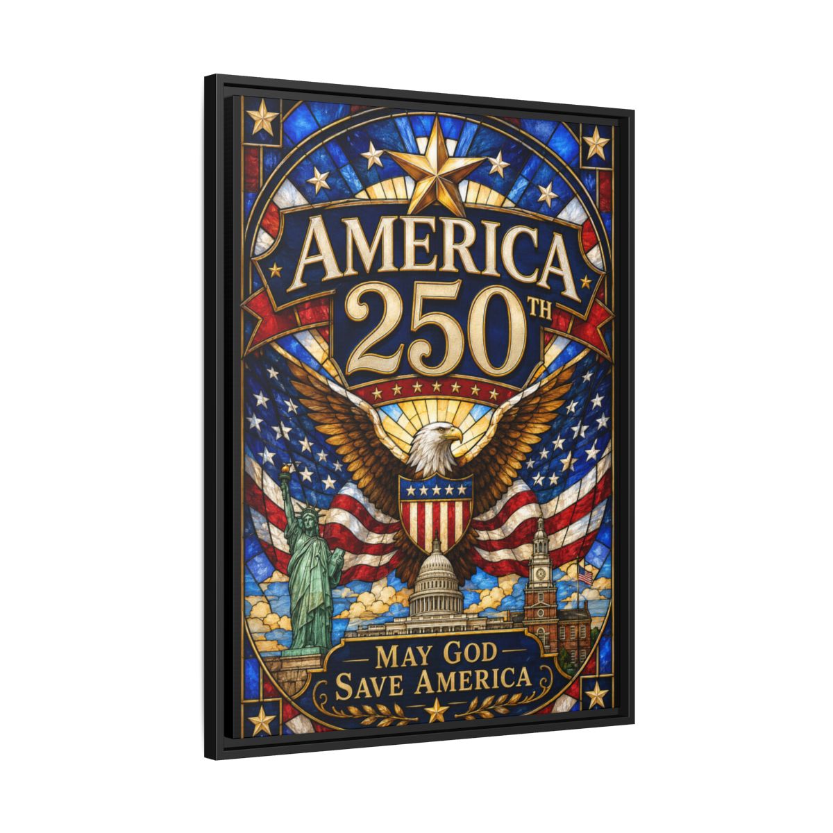 America 250 Matte Framed Canvas Print — "May God Save America" Patriotic Wall Art mockup 23