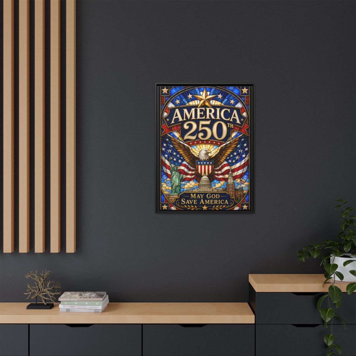 America 250 Matte Framed Canvas Print — "May God Save America" Patriotic Wall Art mockup 24