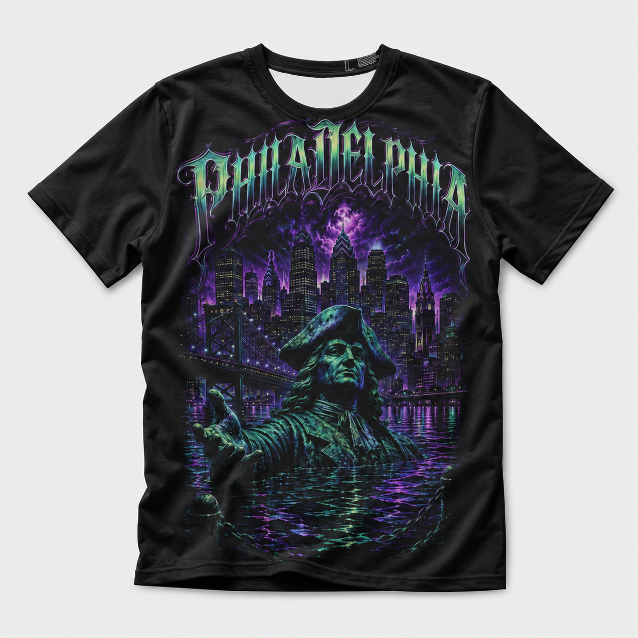 Billy Didn’t Die for This Philadelphia | Neon Philly Skyline Front and Back Tee mockup 1